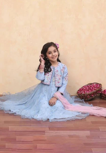 Biba Girls Blue Net Anarkali Suit Set