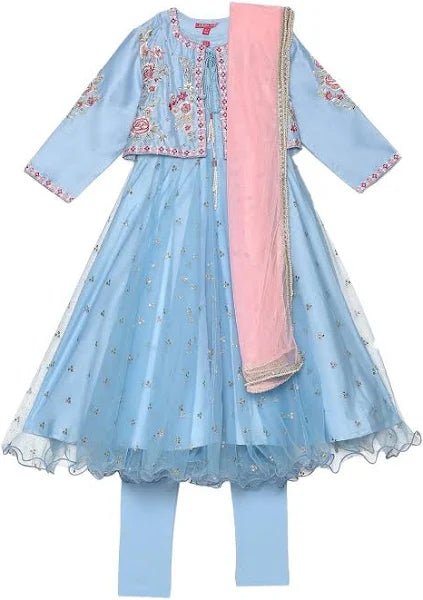 Biba Girls Blue Net Anarkali Suit Set