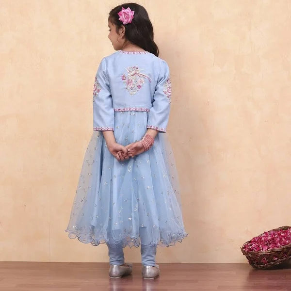 Biba Girls Blue Net Anarkali Suit Set