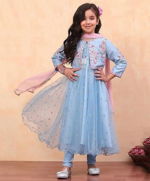 Biba Girls Blue Net Anarkali Suit Set