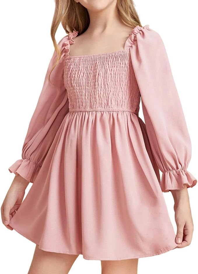 Girls' Elegant Long Sleeve Square Neck Dress