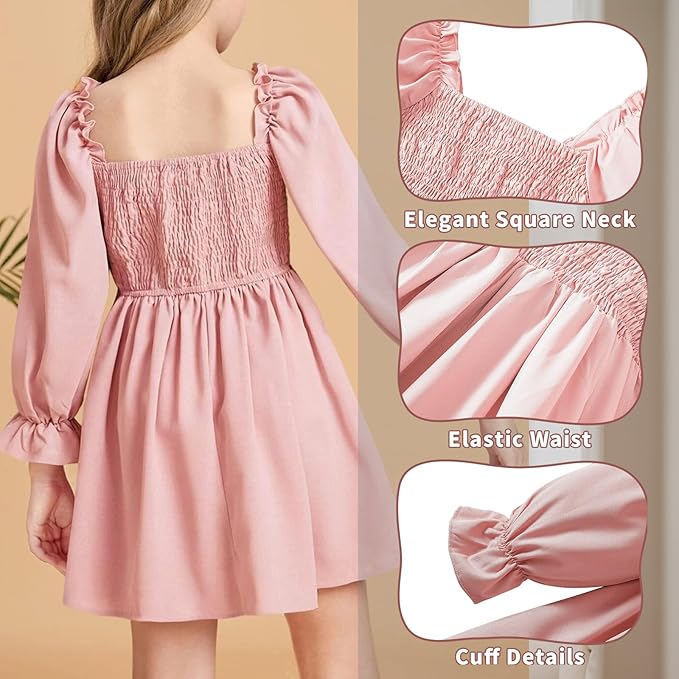 Girls' Elegant Long Sleeve Square Neck Dress