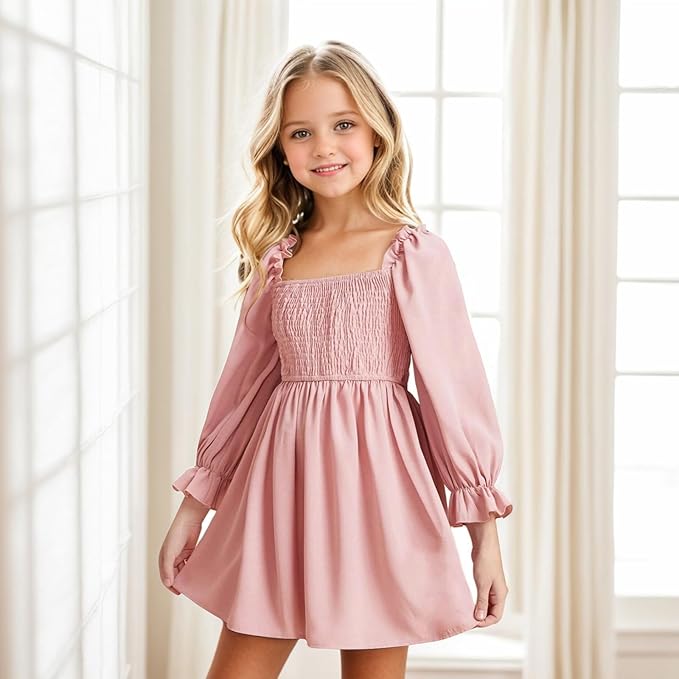 Girls' Elegant Long Sleeve Square Neck Dress