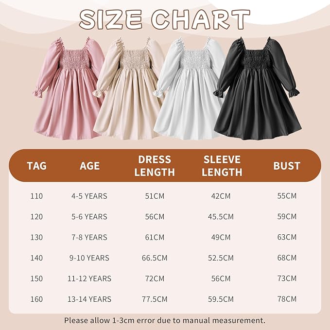Girls' Elegant Long Sleeve Square Neck Dress