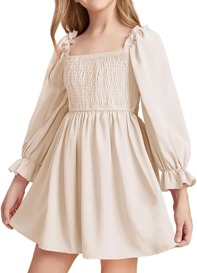 Girls' Elegant Long Sleeve Square Neck Dress