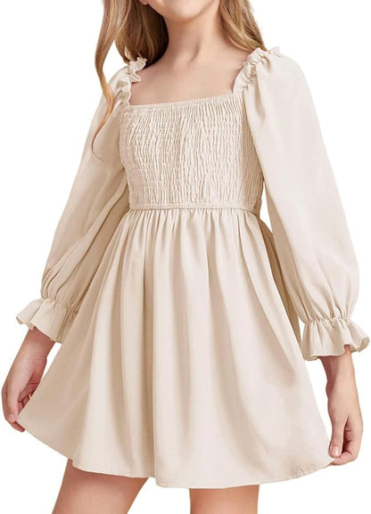Girls' Elegant Long Sleeve Square Neck Dress