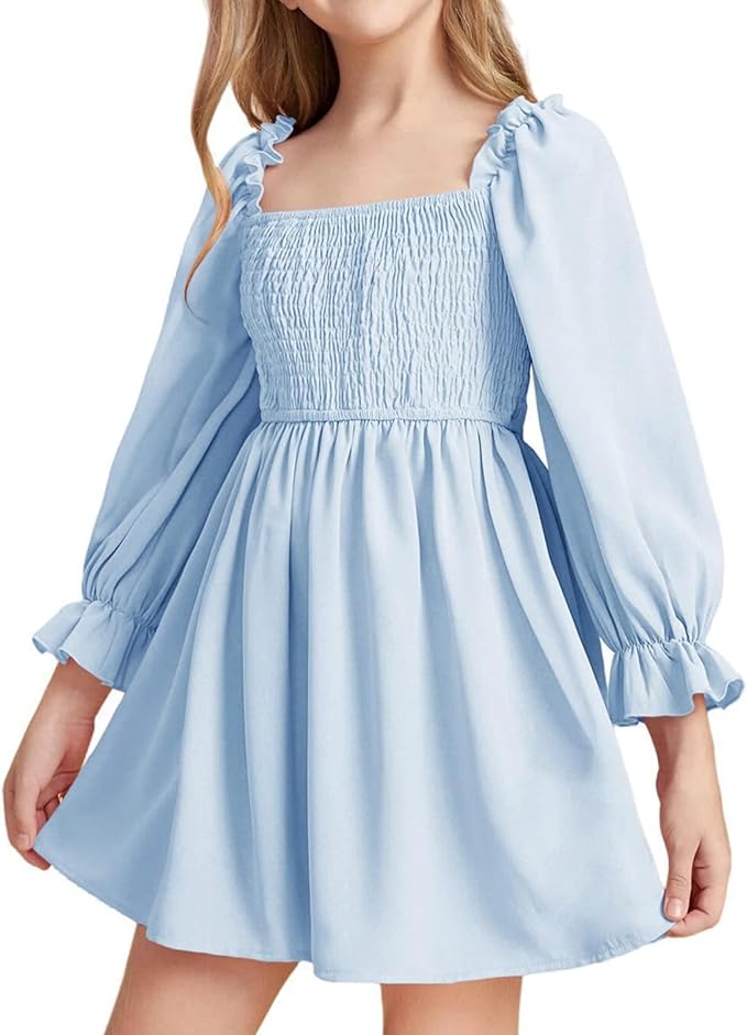 Girls' Elegant Long Sleeve Square Neck Dress