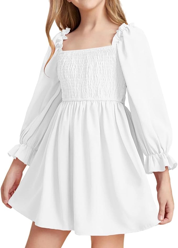Girls' Elegant Long Sleeve Square Neck Dress