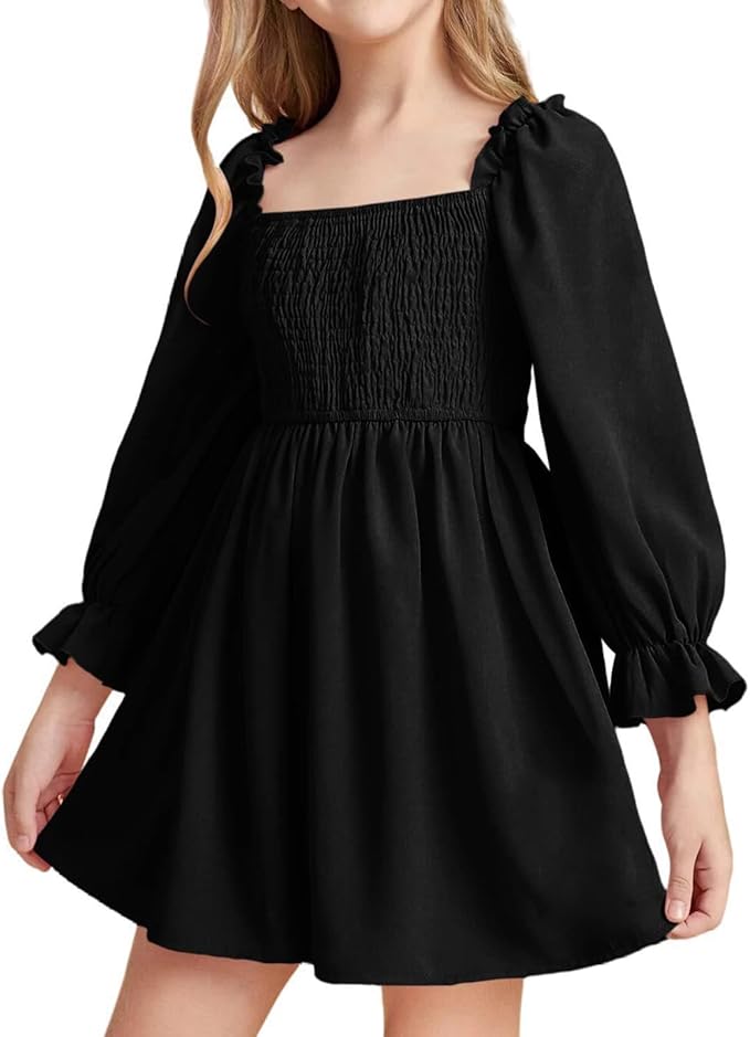 Girls' Elegant Long Sleeve Square Neck Dress